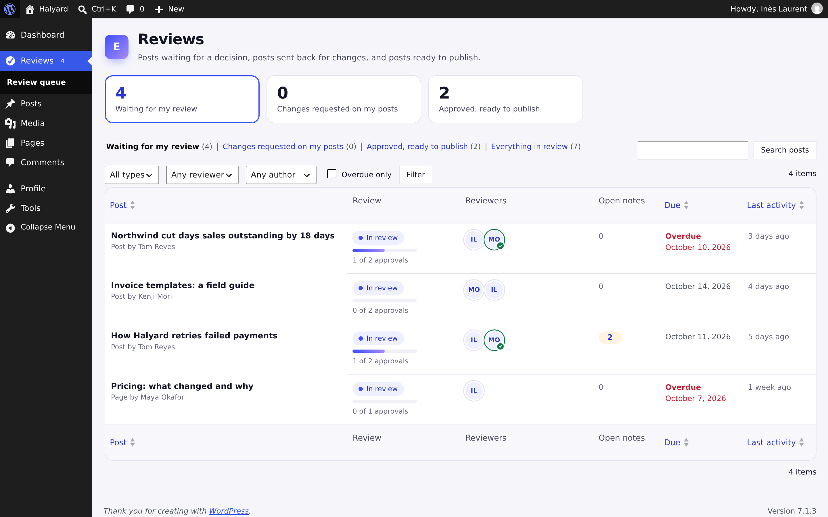 The review queue: posts waiting for a decision, with approvals, reviewers, open notes and due dates
