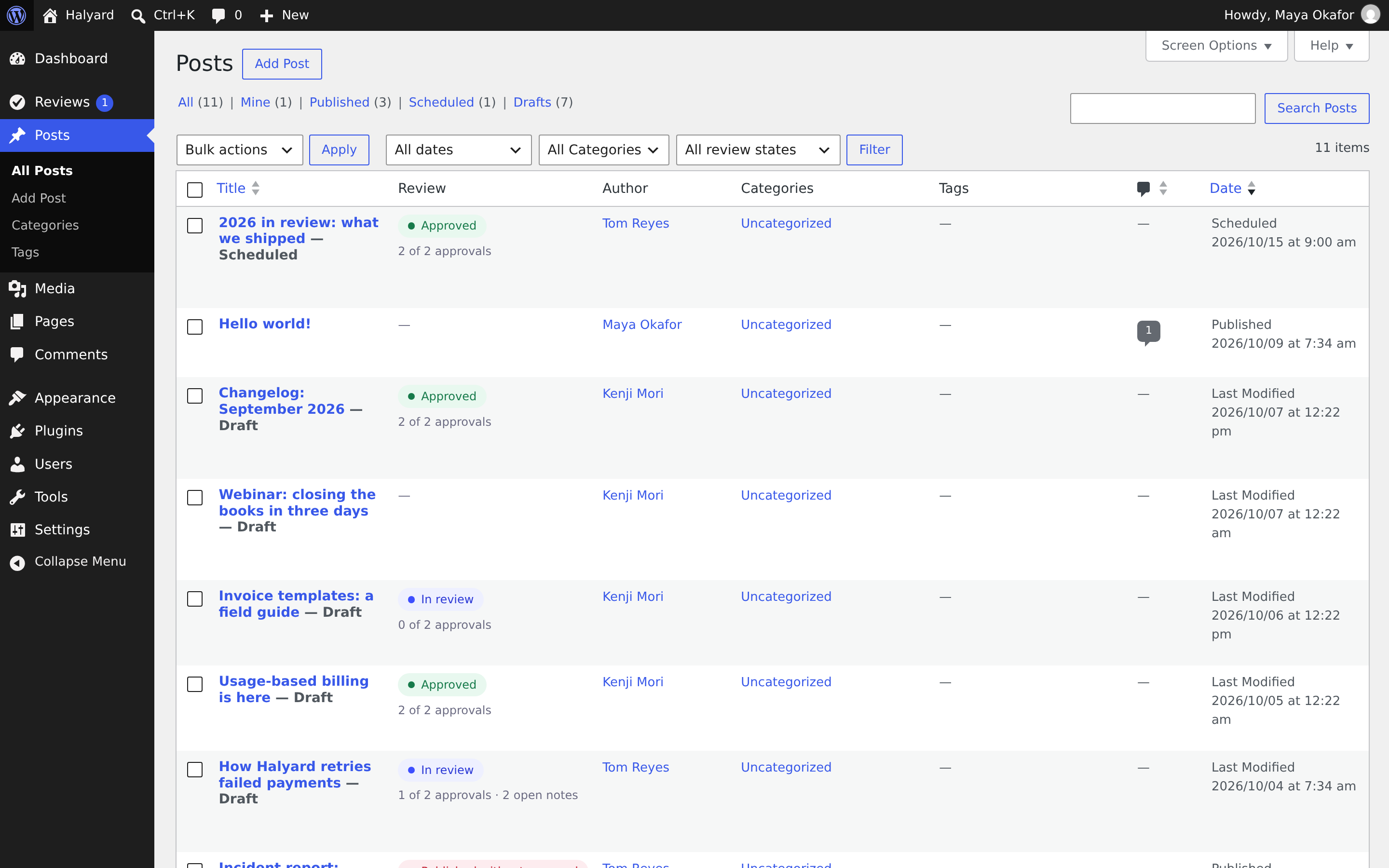 The Review column on the posts list
