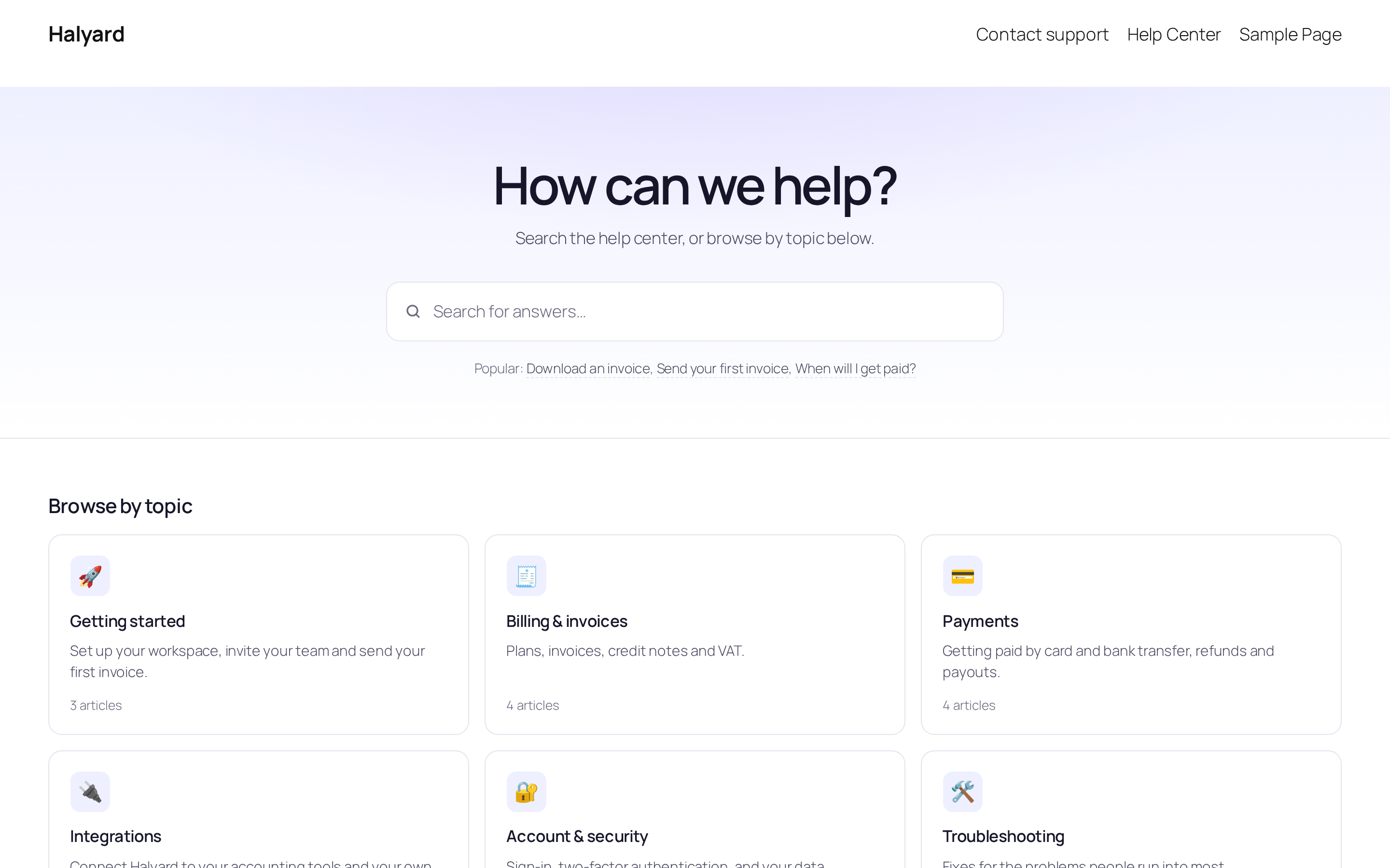 The help center home: a How can we help? search box, topic cards and popular articles