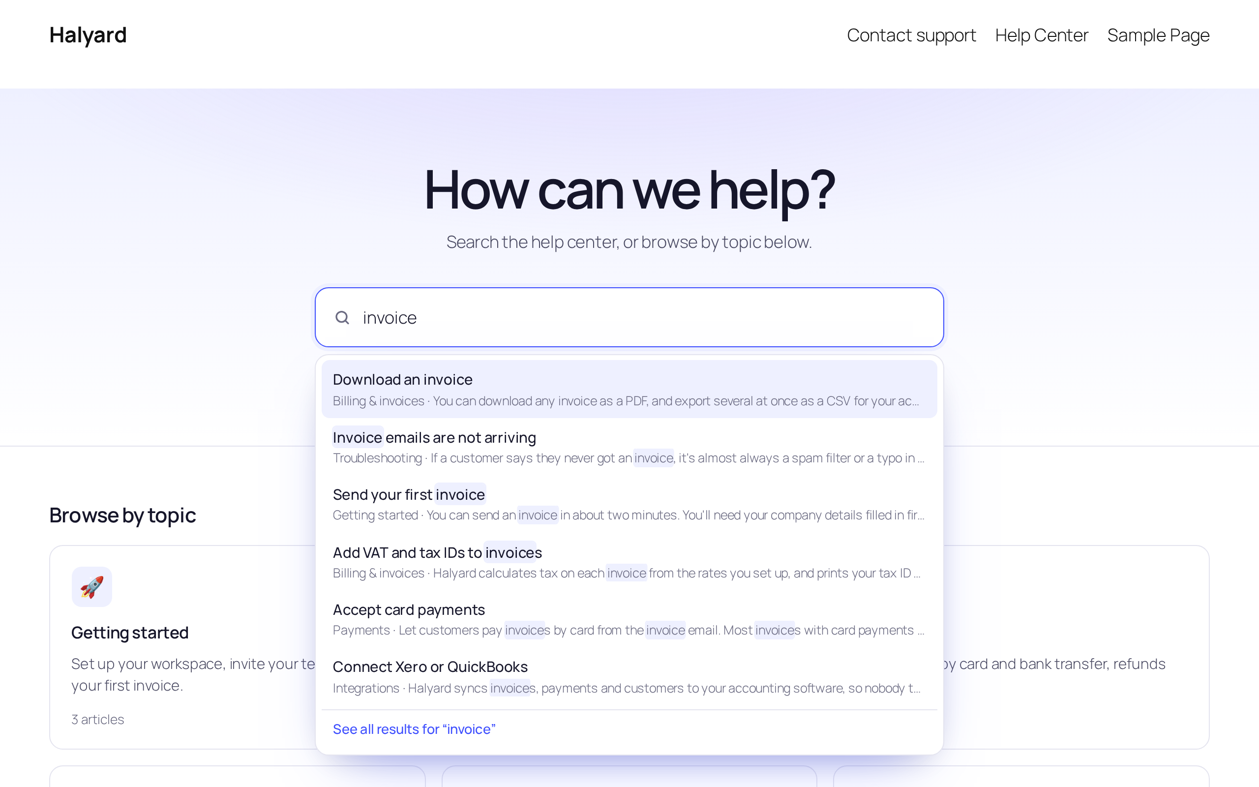 Search suggestions with the matching words highlighted